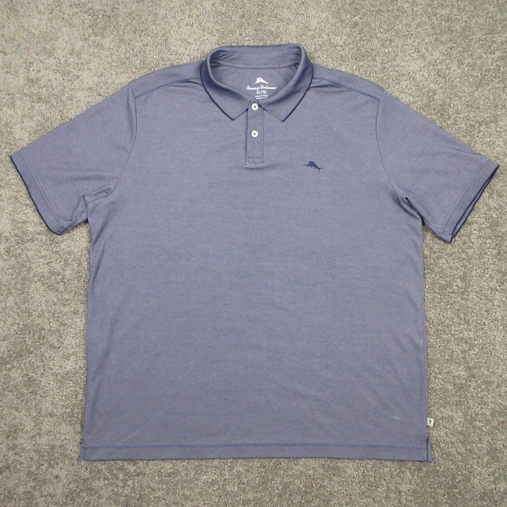 Tommy Bahama Polo Shirt Mens Extra Large Blue Solid Embroidered Logo Marlin Golf